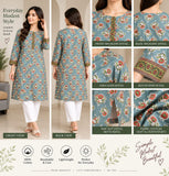 Blue-Green Floral Kurti with Contrast Borders | DCKB10