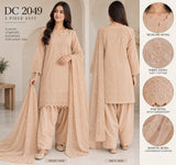 Peach Beige Embroidered Cotton Three-Piece Suit with Chiffon Dupatta | DC2049