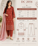 Rust Red Embroidered Cotton Three-Piece Suit with Striped Dupatta | DC2054