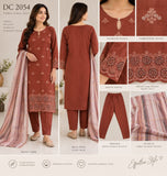 Rust Red Embroidered Cotton Three-Piece Suit with Striped Dupatta | DC2054