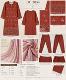 Rust Red Embroidered Cotton Three-Piece Suit with Striped Dupatta | DC2054