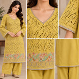 Mustard Yellow Cotton Three-Piece Suit with Floral Dupatta | DC3033