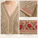 Taupe Cotton Three-Piece Suit with Red Floral Detail | DC3039