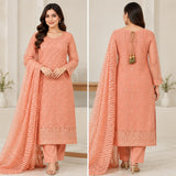 Peach Embroidered Chiffon Three-Piece Suit | DCF0001
