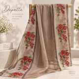 Taupe Cotton Three-Piece Suit with Red Floral Detail | DC3039