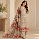 Taupe Cotton Three-Piece Suit with Red Floral Detail | DC3039