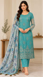 Teal Embroidered Chiffon Three-Piece Suit | DCF0002