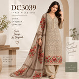 Taupe Cotton Three-Piece Suit with Red Floral Detail | DC3039