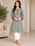 Blue-Green Floral Kurti with Contrast Borders | DCKB10