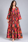 DCKFL1-005 Multicolour Feather Print Cotton Maxi Dress