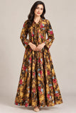 Mustard & Brown Floral Cotton Frock with Tie Neck DCKFL1-011