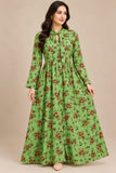 DCKFL1-018 Green Floral Cotton Frock with Tie Neckline