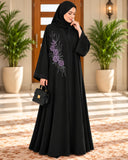 Black Purple Rose Embroidered Abaya with Headscarf | DC2040