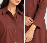DCKJ1003 Brown Cotton Button-Front Long Shirt Dress