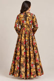 Mustard & Brown Floral Cotton Frock with Tie Neck DCKFL1-011