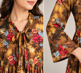 Mustard & Brown Floral Cotton Frock with Tie Neck DCKFL1-011