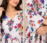 DCKFL1-015 – White Floral Print Cotton Tiered Frock