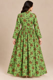 DCKFL1-018 Green Floral Cotton Frock with Tie Neckline