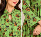 DCKFL1-018 Green Floral Cotton Frock with Tie Neckline