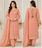 Peach Embroidered Chiffon Three-Piece Suit | DCF0001
