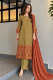 DC 20-88 Olive Green Embroidered Cotton 3-Piece Suit