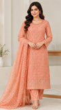 Peach Embroidered Chiffon Three-Piece Suit | DCF0001