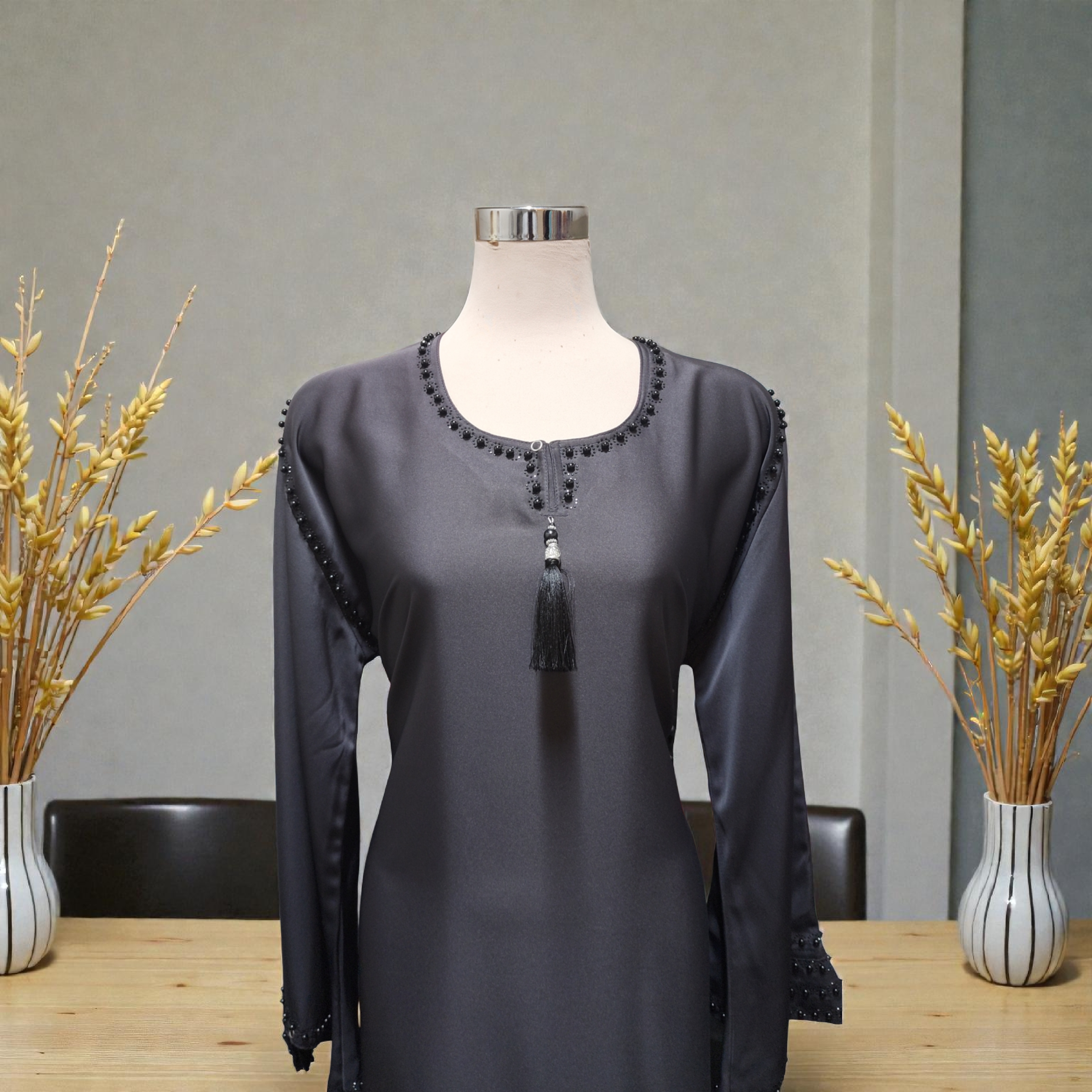 Snapchat-1174106040 Silver Ash Beaded Abaya DC4017 - Image 1